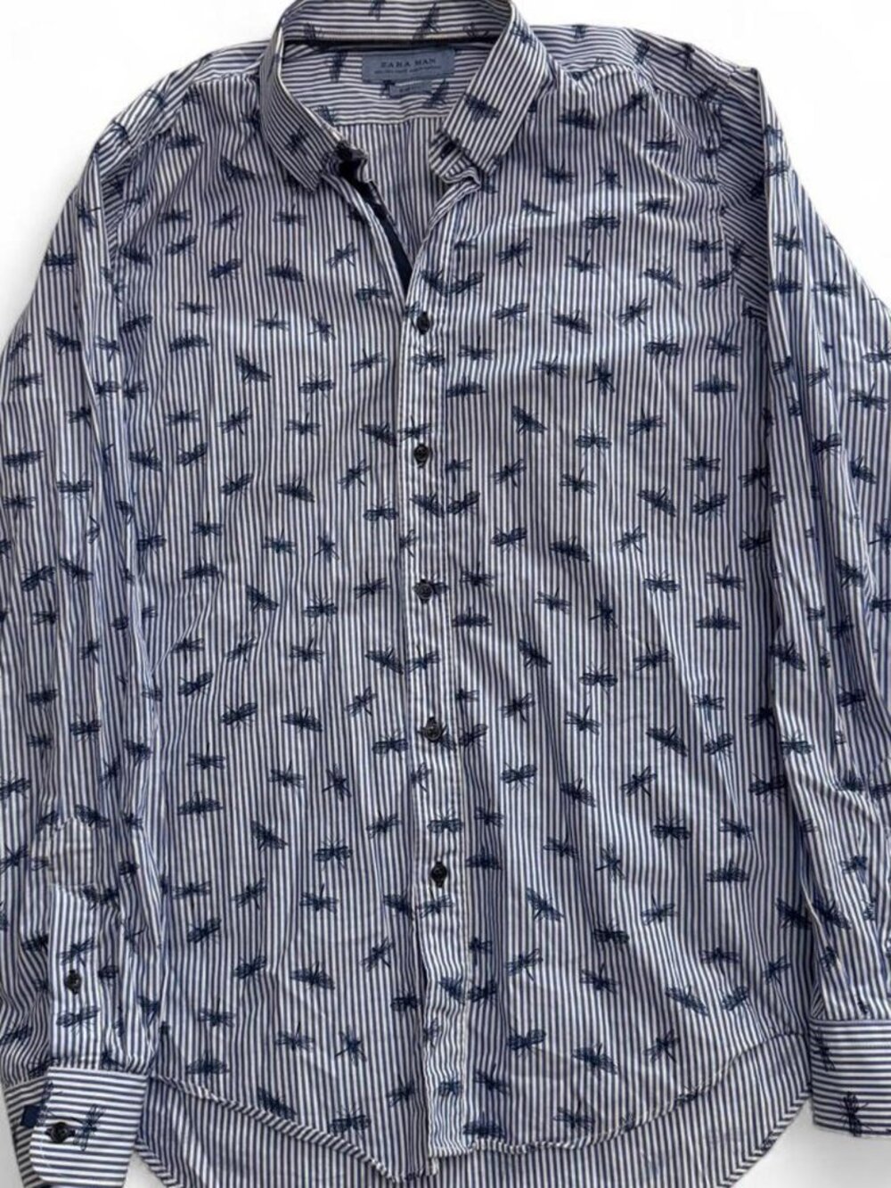 Zara Man Blue White Striped Dragonfly Print Long Sleeve Button Down Shirt